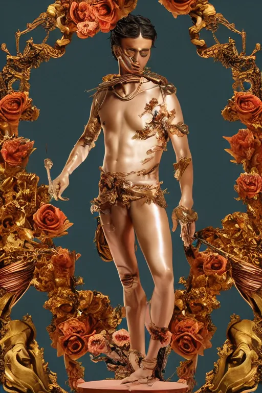 Image similar to a young handsome Spanish prince in a full-body bronze cyberpunk style statue of Icarus posed like a bird, crown of peach roses, flowing teal-colored silk, fabric, flowers. baroque elements, human skull. full-length view. baroque element. intricate artwork by caravaggio. many many birds birds on background. Trending on artstation, octane render, cinematic lighting from the right, hyper realism, octane render, 8k, depth of field, 3D