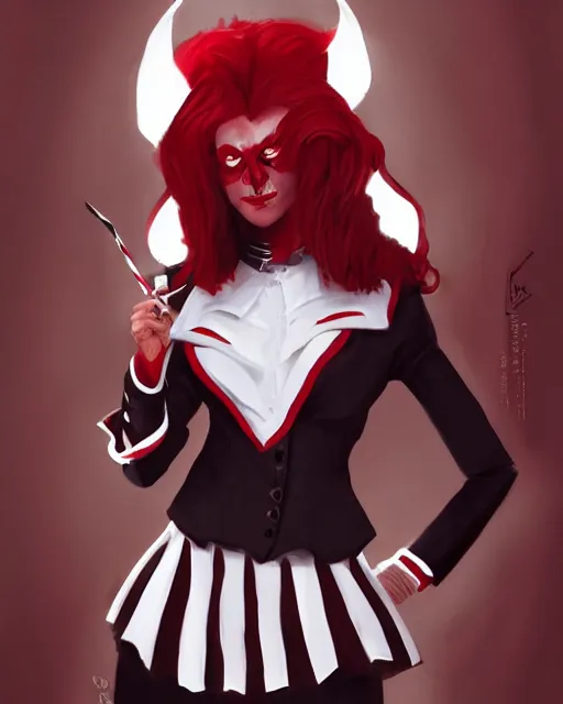 Image similar to Medium shot of Red Imp + White black striped horns + Formal outfit, in the style of greg rutkowski