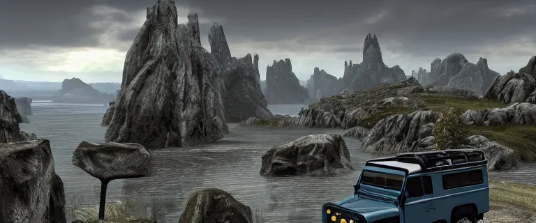 Image similar to Land Rover Defender 110 (1985), The Elder Scrolls V: Skyrim, Solitude seen in the distance, Blue Palace is seen in the distance on a stone arch, Haafingar Hold, an epic fantasy, the sea seen behind the city, dramatic lighting, cinematic, establishing shot, extremely high detail, photorealistic, cinematic lighting, artstation, by simon stalenhag