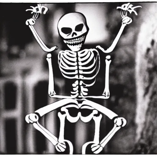 Image similar to a dancing skeleton, 9 0's film