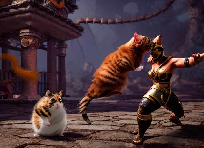 Image similar to hamster fights a cat in mortal kombat on the background of a laughing shao khan. fantasy magic style. highly detailed 8 k. intricate. lifelike. soft light. sony a 7 r iv 5 5 mm. unreal engine with nanite and path tracing