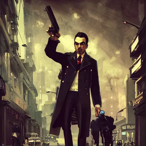 Image similar to [UHD Professor Moriarty as a GTA characters on the streets of futuristic steampunk London, correct faces, intricate, elegant, graphic detail, digital painting, trending on artstation, concept art, tonalism, sharp focus, illustration, art by Todd McFarlane and Greg Rutkowski and Alphonse Mucha]