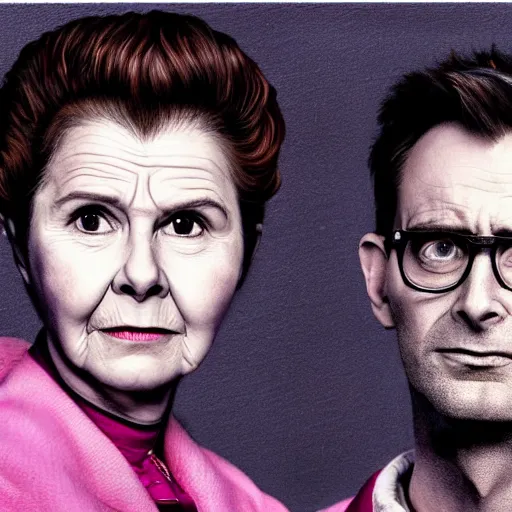 Image similar to david tennant and imelda staunton as dolores umbridge in pink clothes with the tenth doctor who, highly detailed, artstation, concept art, smooth, sharp focus, illustration, perfect face, art by karl blossfeldt, willem claesz. heda, nikolay makovsky, jacek malczewski, arthur hughes