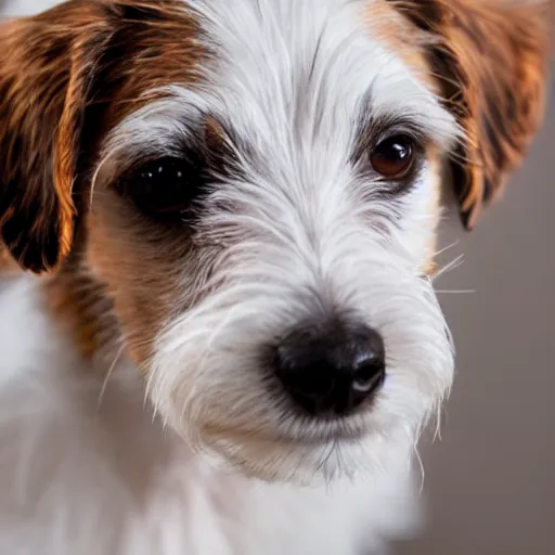 Image similar to a high quality photograph of a scruffy wire haired jack russell terrier puppy, white with chocolate brown spots, brown patches over both eyes. friendly, curious expression.