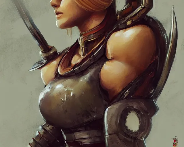 Image similar to portrait of samus aran as a very attractive female bodybuilder samurai queen, elegant, fantasy, hd shot, digital portrait, beautiful, artstation, comic style, by artgerm, guy denning, jakub rozalski, magali villeneuve and charlie bowater