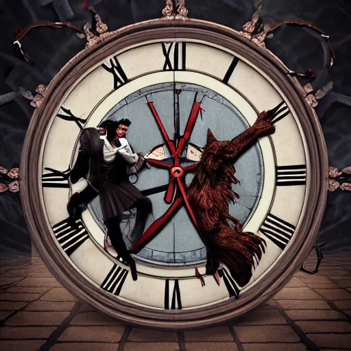 Prompt: a wlop 3 d render of a vampire fighting a werewolf in front of a giant clock face, intricate, extremely detailed, digital painting, artstation, concept art, smooth, sharp focus, illustration, intimidating lighting, incredible art