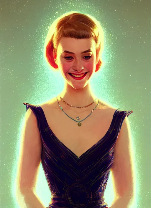 Image similar to portrait of betty cooper, smiling kindly, bangs, 1 9 6 0 s, intricate, elegant, glowing lights, highly detailed, digital painting, artstation, concept art, smooth, sharp focus, illustration, art by wlop, mars ravelo and greg rutkowski