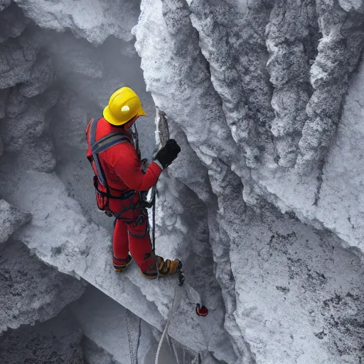 Image similar to rope access technician, extreme cold, cloudy weather, octane render, volumetric lightning, hyperrealistic, cgi, - q 2, 8 k