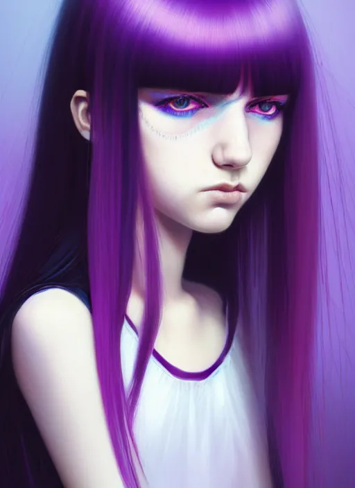 Image similar to hair whitebangs hair, black hair, blackbangswhitehair, portrait of teenage girl with white bangs, red irises, purple clothes, white bangs, bangs are different color from hair, intricate, elegant, glowing lights, highly detailed, digital painting, artstation, concept art, sharp focus, illustration, art by wlop, mars ravelo and greg rutkowski