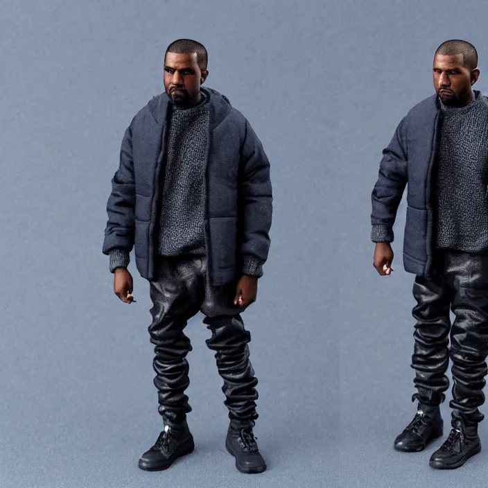 Image similar to a hot toys figure of kanye west using full face - covering cloth. a small, tight, undersized reflective bright blue round puffer jacket made of nylon. a black shirt underneath. dark jeans pants. a pair of big black rubber boots, figurine, detailed product photo