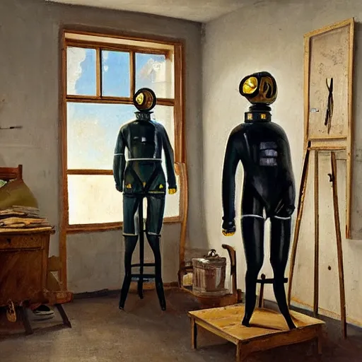 Image similar to workshop of a 1 9 th century diving suit engineer in the style of car spitzweg