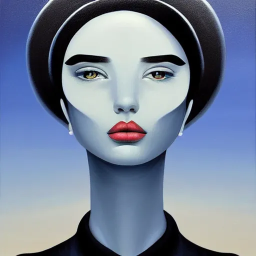 Image similar to a painting of a stylish person in the future, an ultrafine detailed painting by rafal olbinski, behance contest winner, pop surrealism, detailed painting, very detailed, minimalist, skeuomorphic, airbrush art