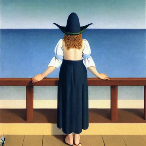 Prompt: A girl with jester hat and clothes on the front of a Balustrade with a beach on the background, major arcana cards, by Rene Magritte, hyperrealistic