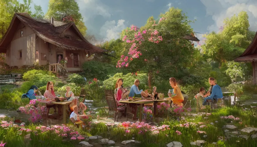 Image similar to Family having lunch in a flowered garden of a charming wooden house with a tower, hyperdetailed, artstation, cgsociety, 8k