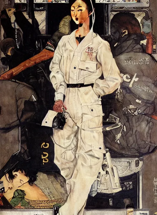 Prompt: a portrait by norman rockwell of a beautiful young japanese woman detailed features wearing a cargo wedding dress synthetic materials, jumpsuits lots of zippers chic'techno fashion trend by balenciaga