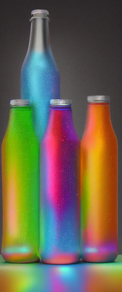 Image similar to a pearlescent soda bottle with condensation on the outside, vivid, rainbow, pearlescent, hyper realistic, octane render