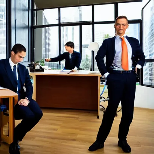 Image similar to rat businessmen in an office, wide angle