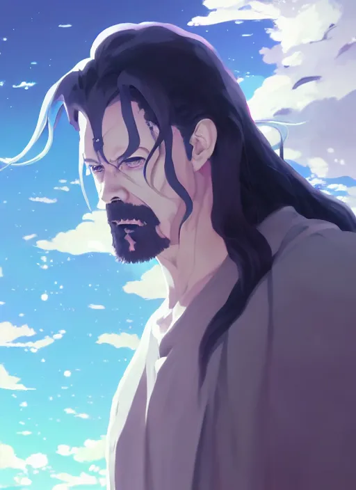 Image similar to portrait of undertaker wwe, cloudy sky background lush landscape illustration concept art anime key visual trending pixiv fanbox by wlop and greg rutkowski and makoto shinkai and studio ghibli