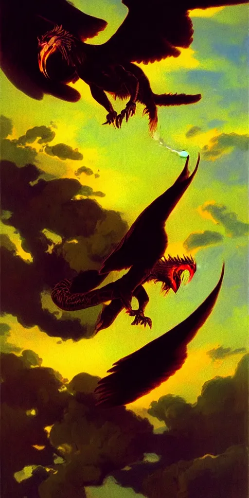 Prompt: hyperrealistic iridescent balaur spitting fire and flying through the sky at sunset syd mead courbet dramatic lighting