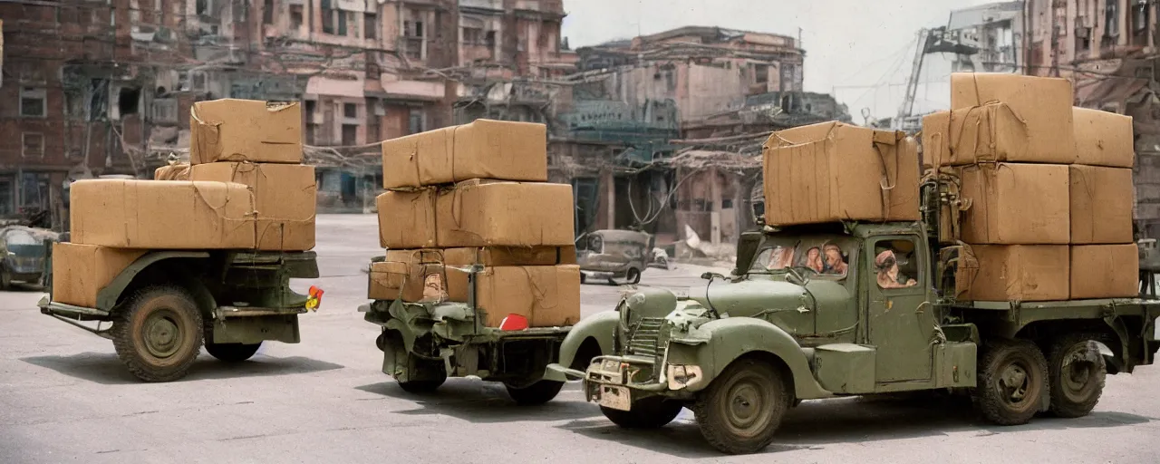 Image similar to transporting spaghetti boxes, world war 2, u. s. army, canon 5 0 mm, kodachrome, in the style of wes anderson, retro