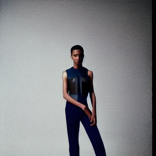 Image similar to realistic photoshooting for a new issey miyake lookbook, color film photography, portrait of a beautiful woman, model is wearing techtical vest, photo in style of tyler mitchell, 3 5 mm,