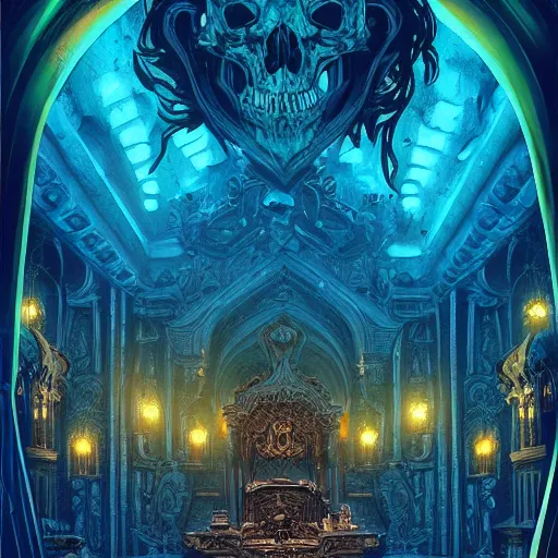 Image similar to Rafael Albuquerque comic art and artgerm, The interior of an underwater city, insanely ornamented with baroque evil golden decorations, black ornaments, ominous devilish altar made of bones, blue neon light coming from the windows, mysterious atmosphere, octane