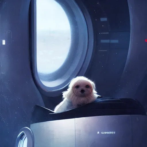 Image similar to little dog inside a hypersleep pod inside a cyberpunk spaceship, very realistic, greg rutkowski, caspar david friedrich, smooth, illustration, elegant, artstation, digital painting