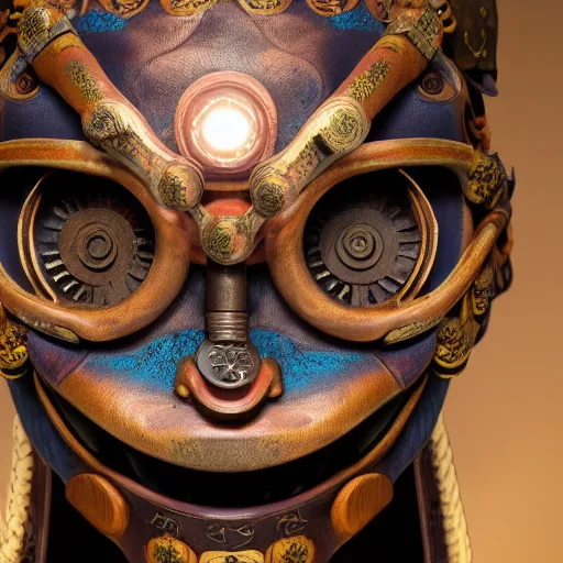 Prompt: a steampunk tribal mask, japanese pottery, vivid colors, wood, metal, intricate details, trending on cgsociety, concept art, glowing eyes, sharp focus, ultra realistic details, cinematic atmosphere, global illumination, shadows, octane render, 8 k