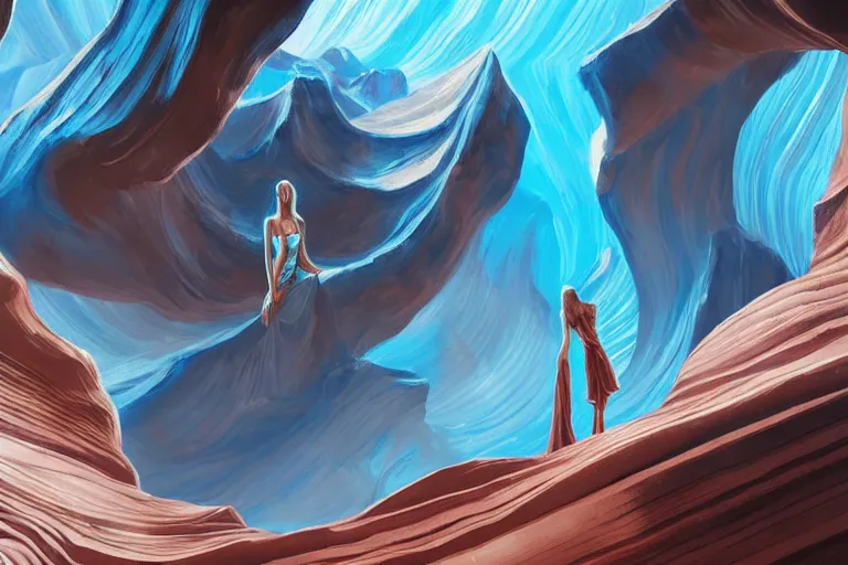 Image similar to futuristic female Goddess wearing luxurious royal blue suit relaxing at Antelope canyon, rocks formed by water erosion, walls made of beautiful smooth sandstone in unique shapes, light beams that shine through its walls, polish narrow slots of walls into a striated swirling finish, digital painting, concept art, smooth, sharp focus, from Star Trek 2021, illustration, by WLOP and Ruan Jia and Mandy Jurgens and William-Adolphe Bouguereau, Artgerm