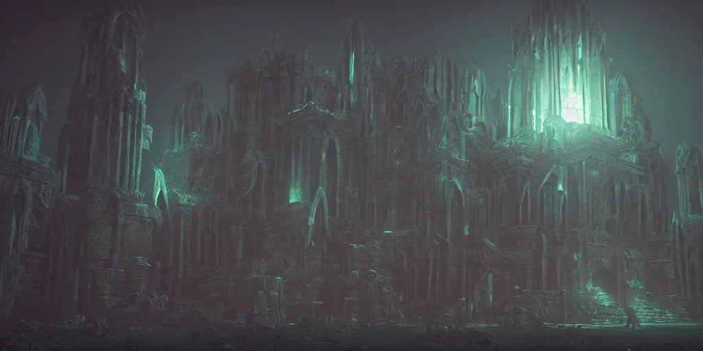 Image similar to old gothic cthulhu temple in r'lyeh by beeple and makoto sinkai matte painting, dynamic lighting, ultrarealistic, cinematic, octane render, trending on artstation, 8 k