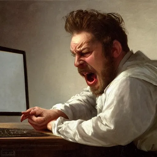 Image similar to an angry man yells at his computer monitor, oil on canvas, 1 8 8 3, highly detailed