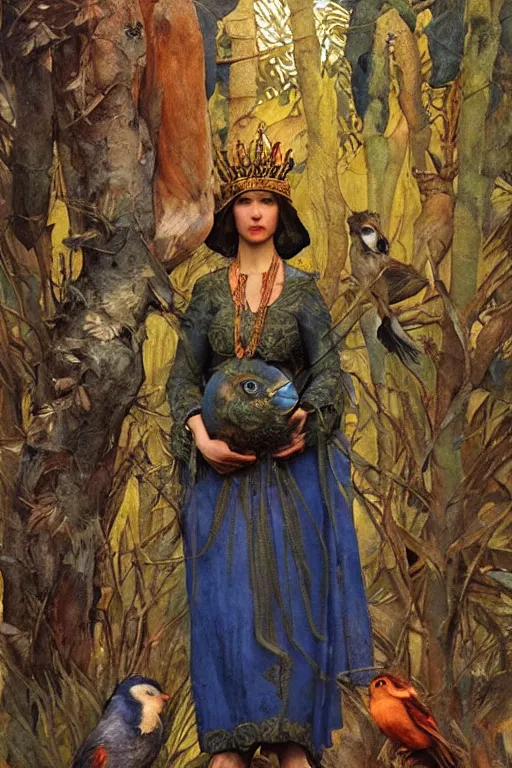 Image similar to the queen of the forest with her birds, by Annie Swynnerton and Nicholas Roerich, elaborately costumed, rich color, dramatic cinematic lighting, smooth, sharp focus, extremely detailed, featured on artstation