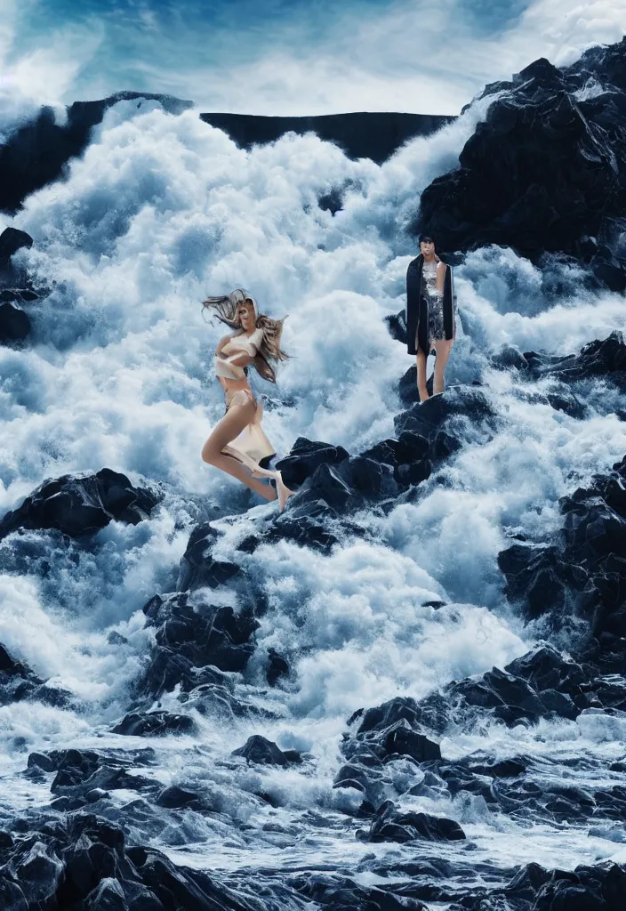 Prompt: fashion editorial in front of a giant tsunami wave. wide angle shot. highly detailed.