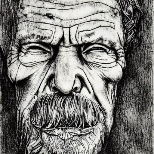 Prompt: a realistic portrait of an old weathered protector, ink illustrated , dream like atmosphere,