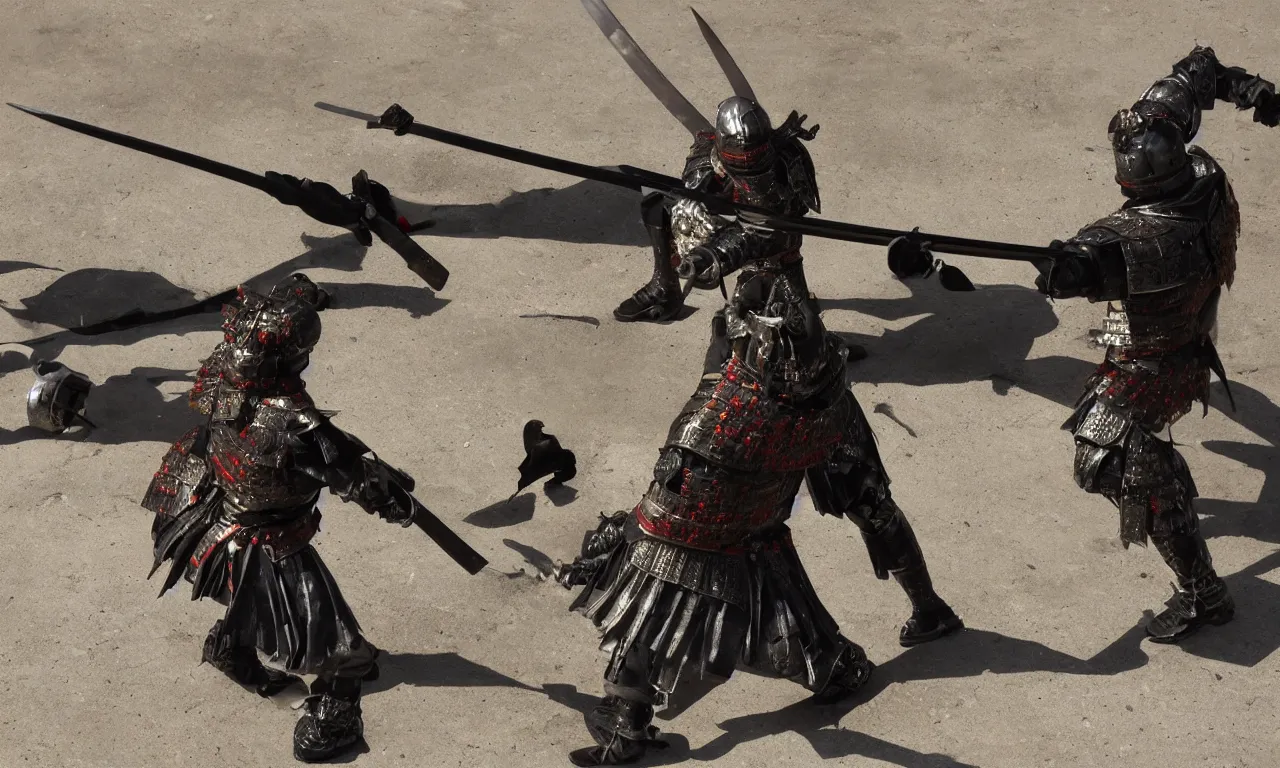 Prompt: samurai armored killer machine with twin katana sword