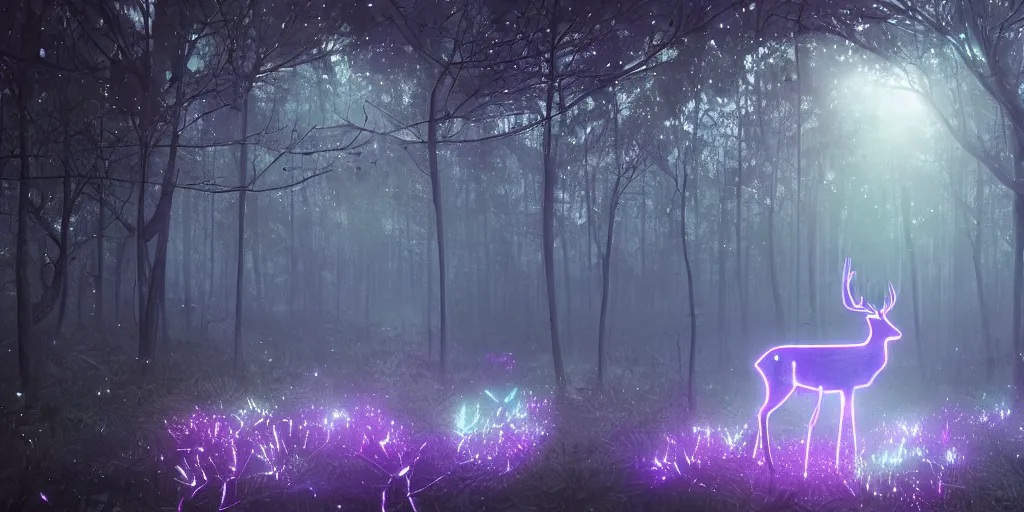 Image similar to a single deer in an ethereal electronic forest made from glowing circuits and electronics, highly detailed concept art, cinematic framing, 3 d, dark, moody, led