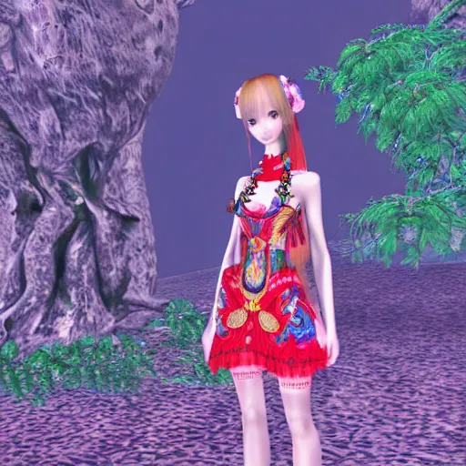 Image similar to cute female forest spirit wearing ornate floral cybernetic hungarian valentino resort dress in a 3 d psx ps 2 jrpg style, esoteric magical alien meadow ritual environment, fashion gameplay screenshot, highly detailed, atelier, xenogears