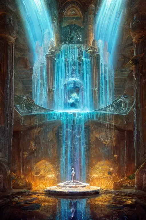 Image similar to inside of an atlantis palace, bioluminescent light, fountain, crystals, intricate, elegant, volumetric lighting, digital painting, highly detailed, artstation, sharp focus, illustration, concept art, ruan jia, steve mccurry