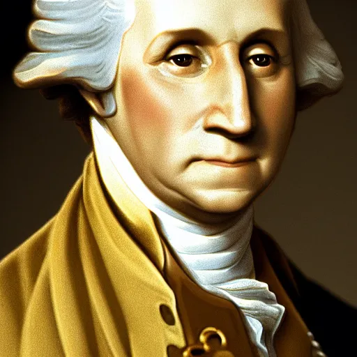 Image similar to a closeup photorealistic illustration of a happy George Washington holding wearing a chain around his neck with a small gold Doubloon coin as a necklace. This 4K HD image is Trending on Artstation, featured on Behance, well-rendered, extra crisp, features intricate detail and the style of Unreal Engine.