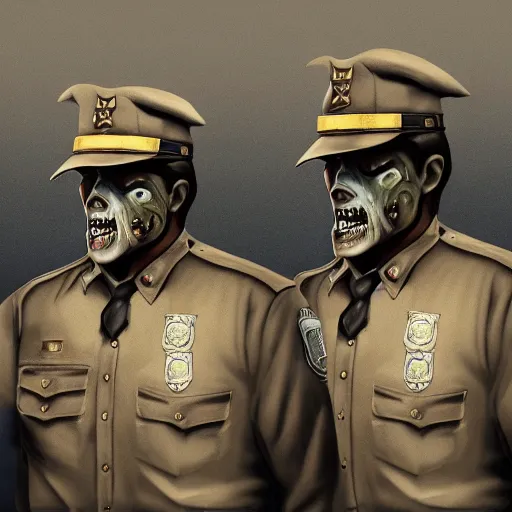 Image similar to zombie sheriffs officers brown uniform and caps in brutalist concrete office trending on artstation high detail digital painting 4 k 8 k hd