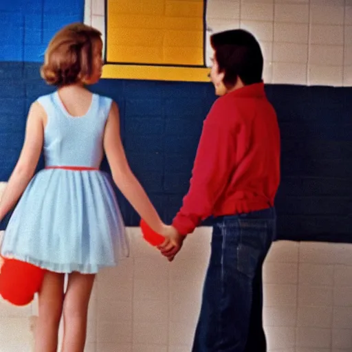 Prompt: teenage girl holds hands with inflatable toy boyfriend at high school, 1978 color Fellini film, in school hallway, dirty walls, archival footage, technicolor film, 16mm, live action, John Waters