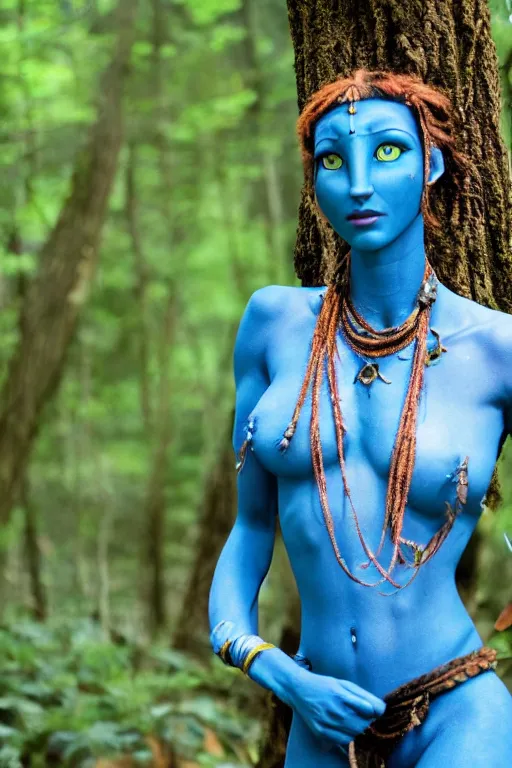 Prompt: photograph of a blue-skinned female navi from avatar standing in a forest, high resolution film still, 8k, HDR colors, cosplay, outdoor lighting, photo by bruce weber