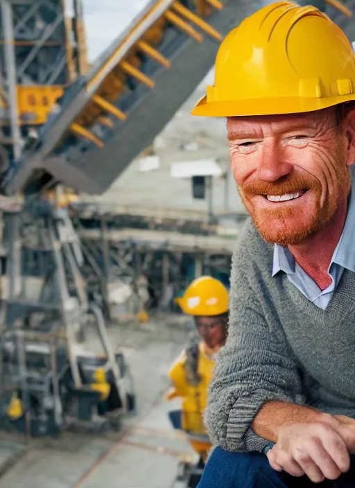 Image similar to closeup portrait of cheerful bryan cranston operating a crane, sitting in a crane, yellow hardhat, sitting in a crane, natural light, bloom, detailed face, magazine, press, photo, steve mccurry, david lazar, canon, nikon, focus