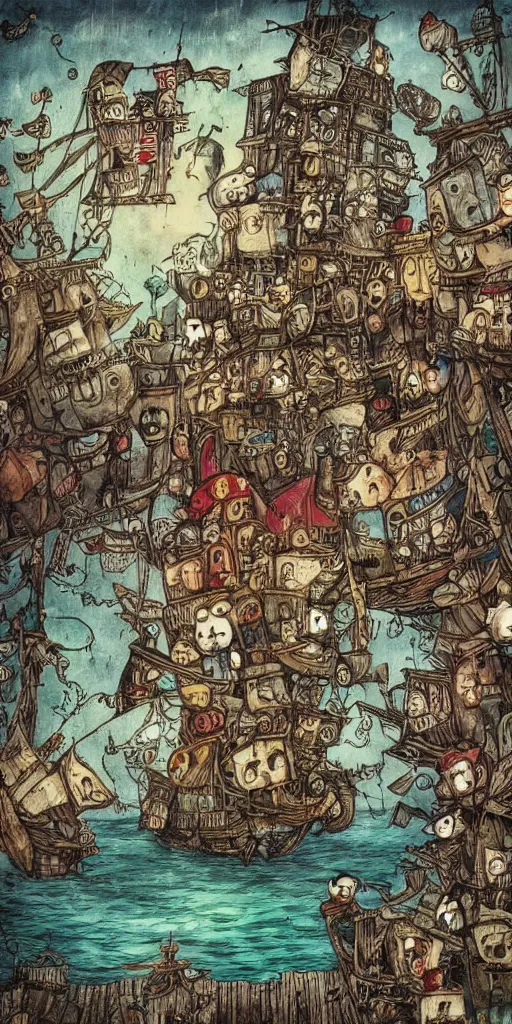 Image similar to a pirate scene by alexander jansson and where's waldo