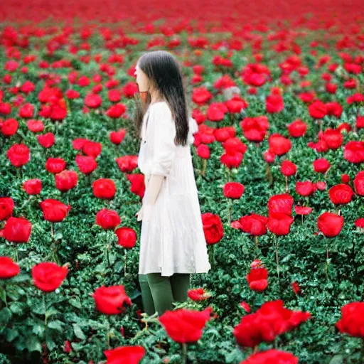 Image similar to a girl with medium and long hair standing in the sea of roses