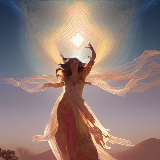 Image similar to a goddess dancing in the desert, glowing eyes, fantasy, intricate, realism, highly detailed, digital painting, artstation, concept art, smooth and sharp focus, illustration, art by tan zi and ayanamikodon and alphonse mucha and wlop