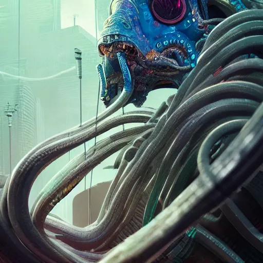 Image similar to portrait of a squid monster. intricate abstract. cyberpunk, intricate artwork. by Tooth Wu, wlop, beeple. octane render, trending on artstation, greg rutkowski very coherent symmetrical artwork. cinematic, hyper realism, high detail, octane render, 8k