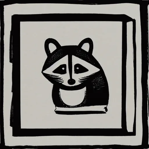 Image similar to raccoon, happy, block print, simple stylized, black ink on white paper