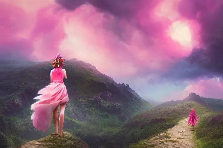 Image similar to giant dahlia flower crown under head, girl walking on dramatic mountain, surreal photography, pink storm clouds, sunset, impressionist painting, digital painting, artstation, simon stalenhag