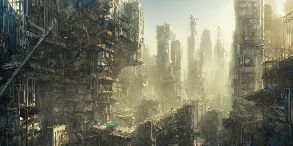 Prompt: slums below a megastructure city, megacity, sci-fi, matte painting, concept art, style by dylan cole